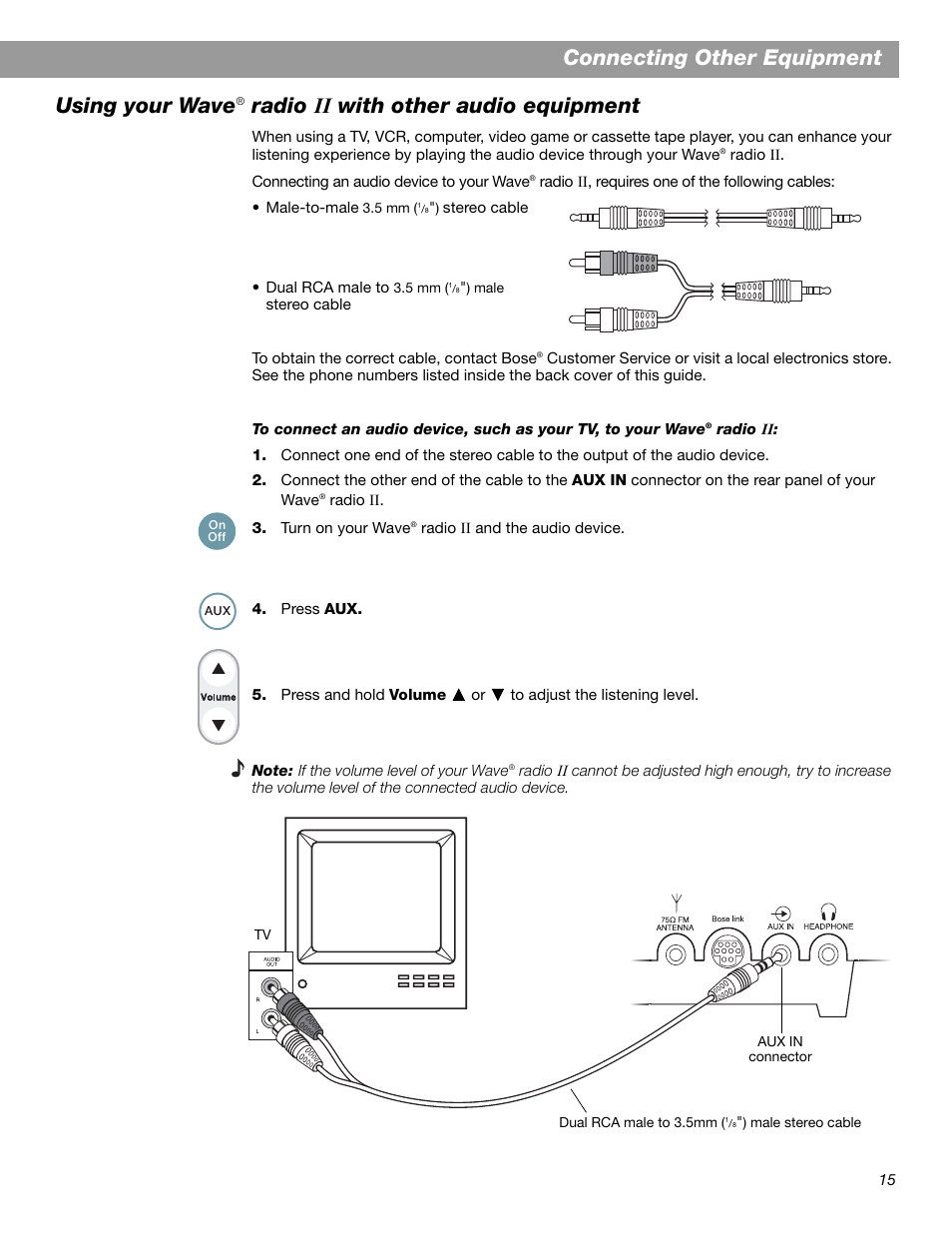 Connecting other equipment, Using your wave, Radio ,, with other audio equipment | Bose Wave Radio II User Manual | Page 17 / 28