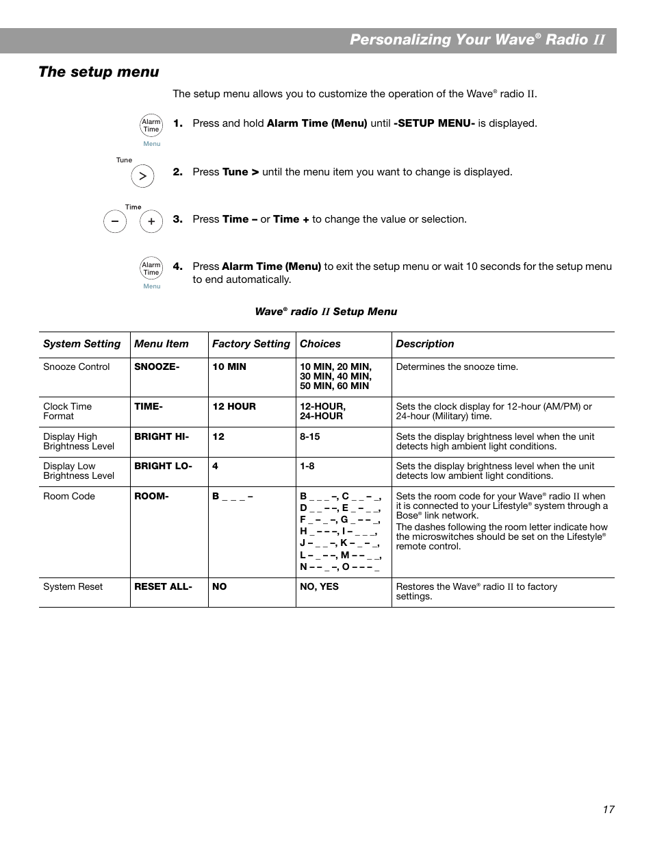 Personalizing your wave, Radio ,, the setup menu | Bose Wave Radio II User Manual | Page 19 / 28