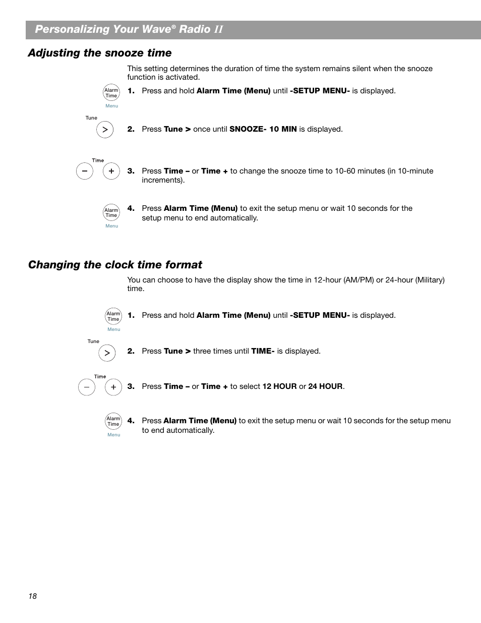 Personalizing your wave, Radio, Adjusting the snooze time | Changing the clock time format | Bose Wave Radio II User Manual | Page 20 / 28