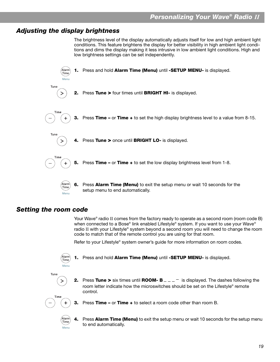 Personalizing your wave, Radio, Adjusting the display brightness | Setting the room code | Bose Wave Radio II User Manual | Page 21 / 28