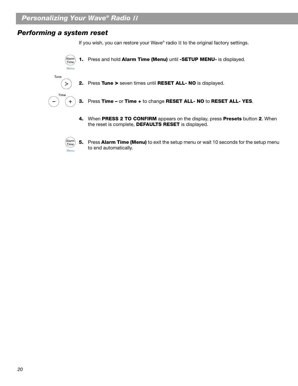Personalizing your wave, Radio, Performing a system reset | Bose Wave Radio II User Manual | Page 22 / 28