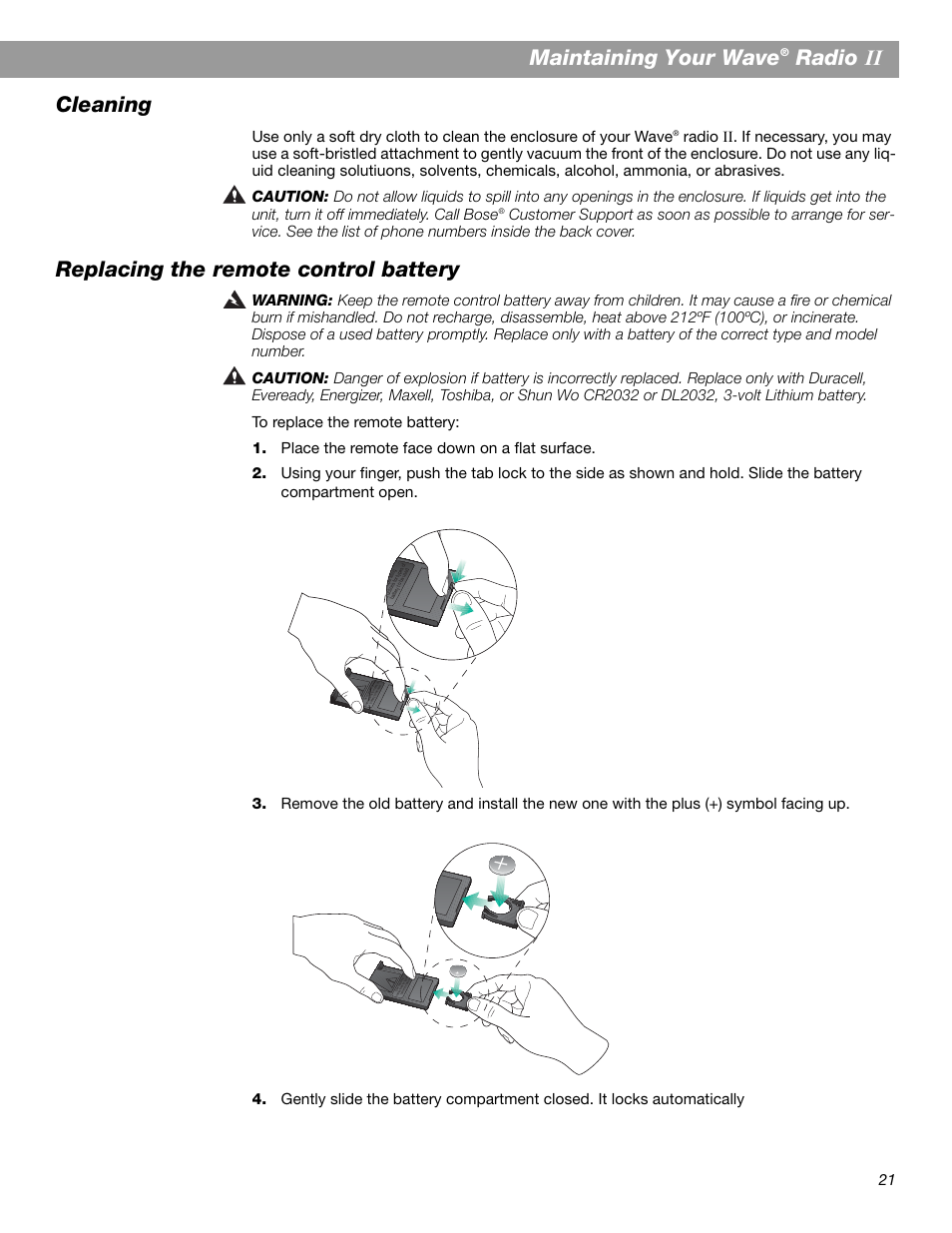 Maintaining your wave, Radio ,, cleaning, Replacing the remote control battery | Bose Wave Radio II User Manual | Page 23 / 28