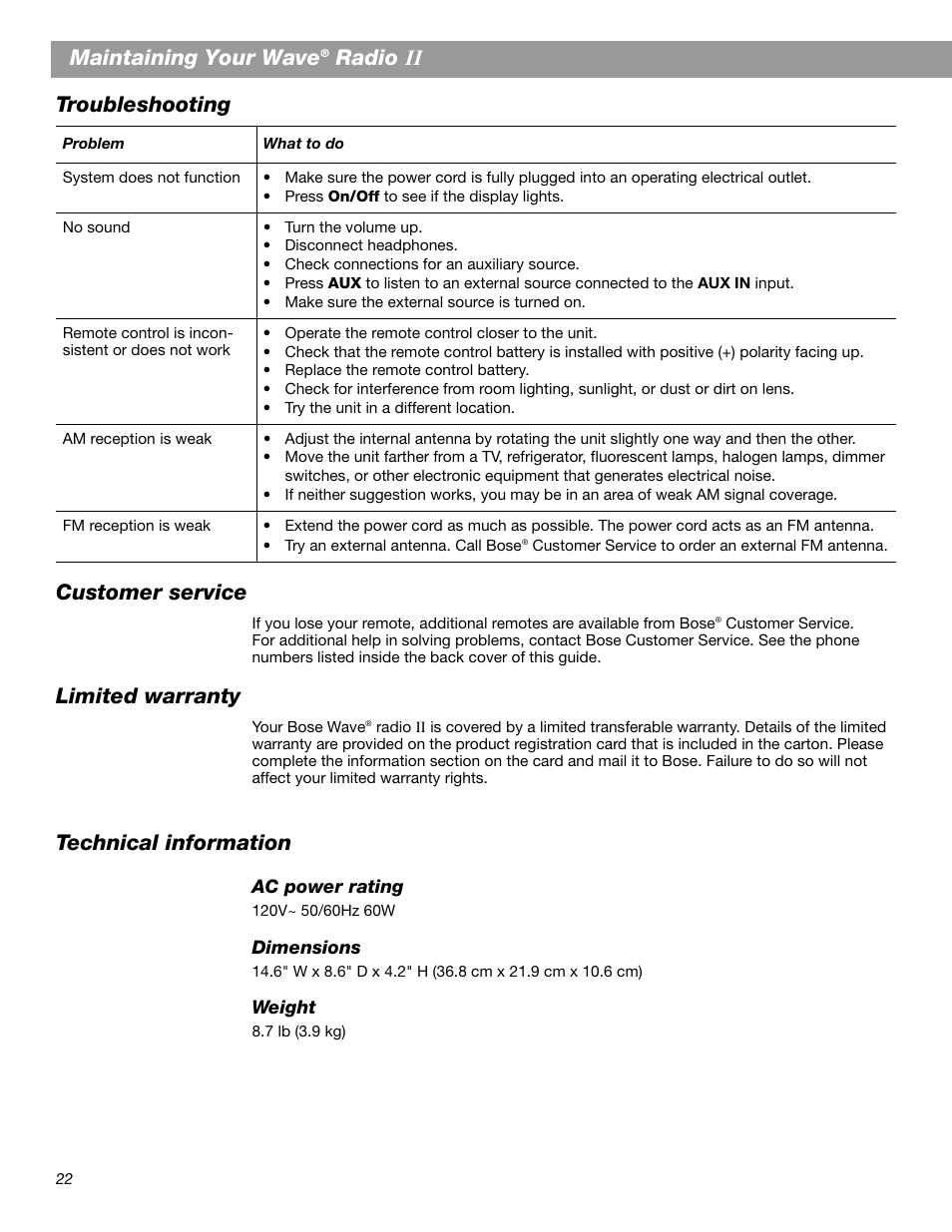 Maintaining your wave, Radio, Troubleshooting | Customer service, Limited warranty, Technical information | Bose Wave Radio II User Manual | Page 24 / 28