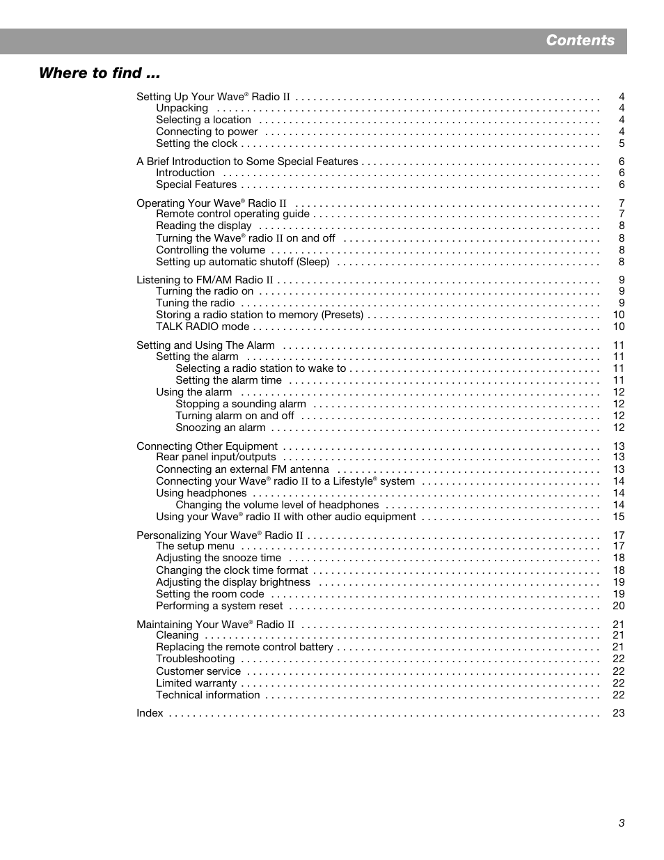 Contents where to find | Bose Wave Radio II User Manual | Page 5 / 28