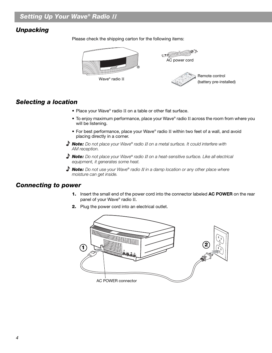 Setting up your wave, Radio ,, unpacking, Selecting a location | Connecting to power | Bose Wave Radio II User Manual | Page 6 / 28