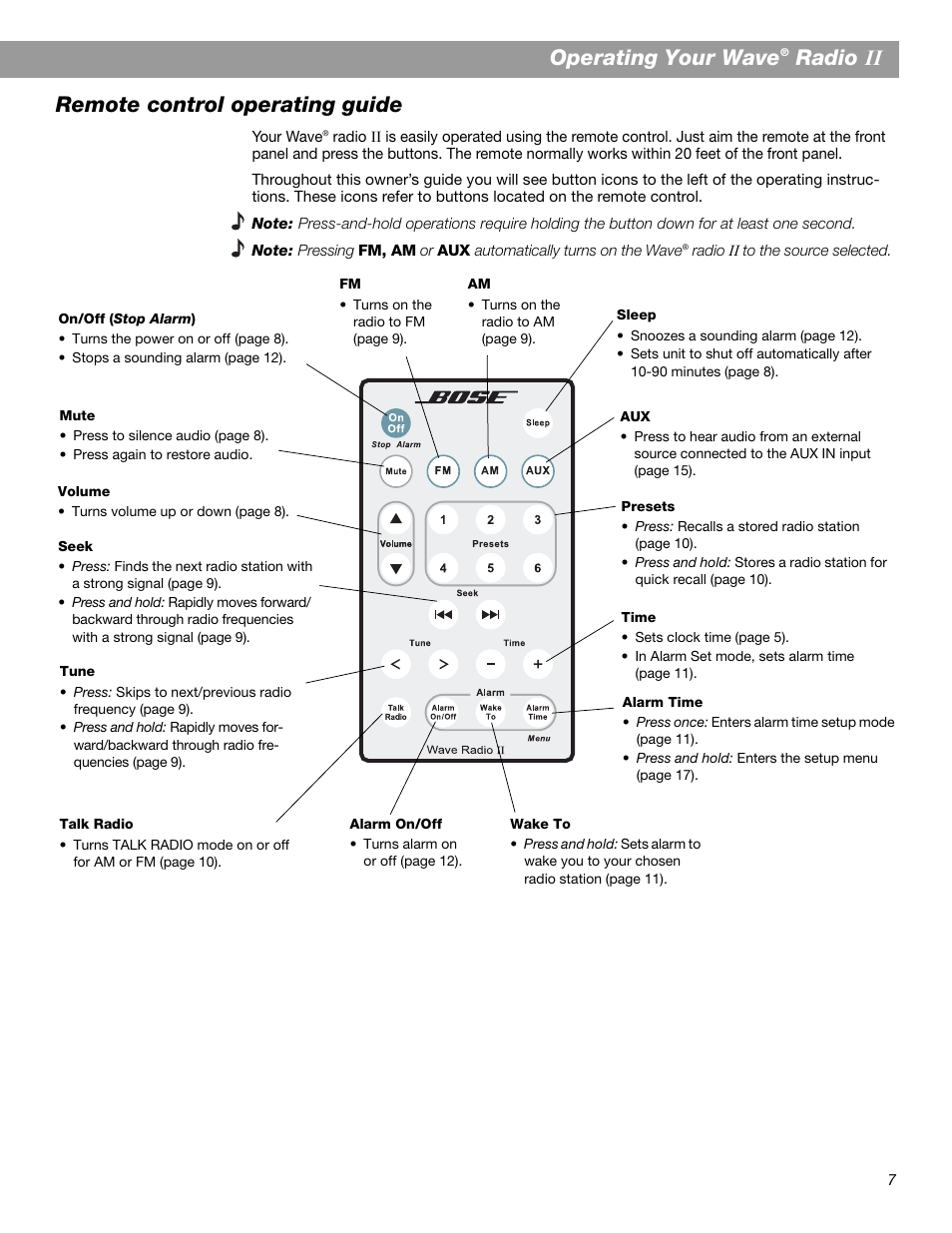 Operating your wave, Radio ,, remote control operating guide | Bose Wave Radio II User Manual | Page 9 / 28