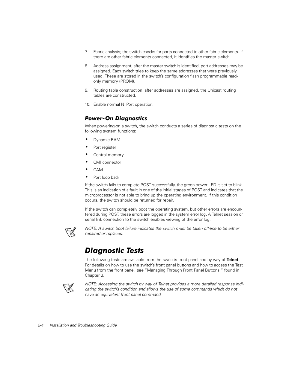 Power-on diagnostics, Diagnostic tests, Power-on diagnostics -4 | Diagnostic tests -4 | Dell PowerVault 56F (16P Fibre Channel Switch) User Manual | Page 102 / 172