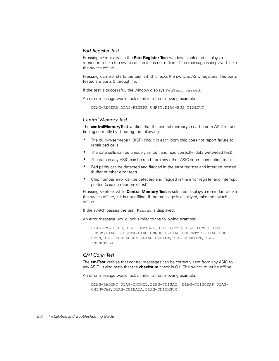 Port register test, Central memory test, Cmi conn test | Port register test -6, Cmi conn test -6 | Dell PowerVault 56F (16P Fibre Channel Switch) User Manual | Page 104 / 172