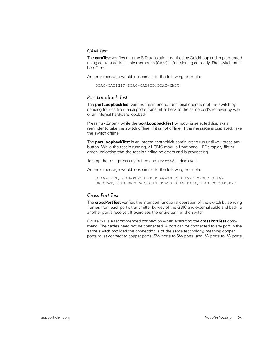 Cam test, Port loopback test, Cross port test | Cam test -7, Port loopback test -7, Cross port test -7 | Dell PowerVault 56F (16P Fibre Channel Switch) User Manual | Page 105 / 172