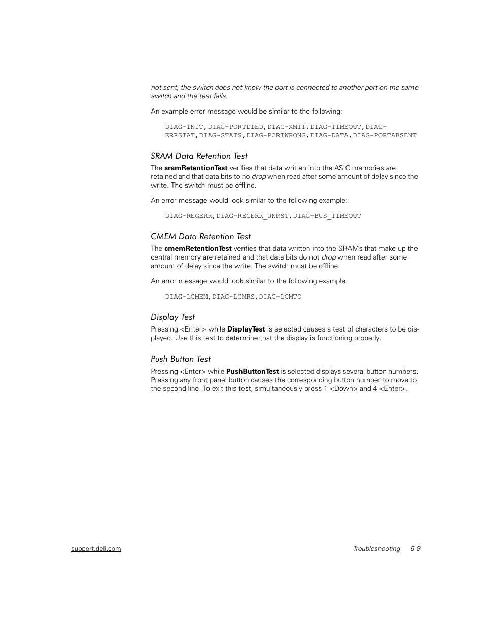 Sram data retention test, Cmem data retention test, Display test | Push button test, Sram data retention test -9, Cmem data retention test -9, Display test -9, Push button test -9 | Dell PowerVault 56F (16P Fibre Channel Switch) User Manual | Page 107 / 172