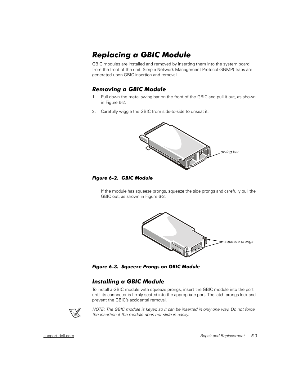 Replacing a gbic module, Removing a gbic module, Installing a gbic module | Replacing a gbic module -3, Removing a gbic module -3, Installing a gbic module -3, Figure 6-2, Gbic module -3, Figure 6-3, Squeeze prongs on gbic module -3 | Dell PowerVault 56F (16P Fibre Channel Switch) User Manual | Page 111 / 172