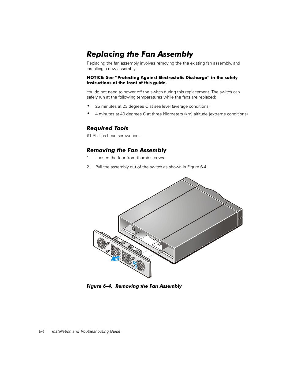 Replacing the fan assembly, Required tools, Removing the fan assembly | Replacing the fan assembly -4, Required tools -4, Removing the fan assembly -4, Figure 6-4 | Dell PowerVault 56F (16P Fibre Channel Switch) User Manual | Page 112 / 172