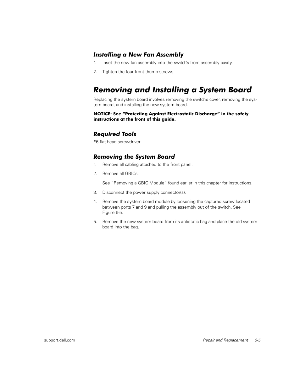 Installing a new fan assembly, Removing and installing a system board, Required tools | Removing the system board, Installing a new fan assembly -5, Removing and installing a system board -5, Required tools -5, Removing the system board -5 | Dell PowerVault 56F (16P Fibre Channel Switch) User Manual | Page 113 / 172