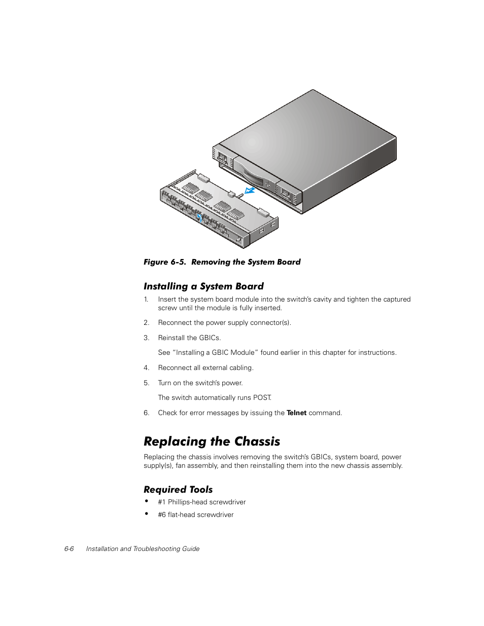 Installing a system board, Replacing the chassis, Required tools | Installing a system board -6, Replacing the chassis -6, Required tools -6, Figure 6-5, Removing the system board -6 | Dell PowerVault 56F (16P Fibre Channel Switch) User Manual | Page 114 / 172