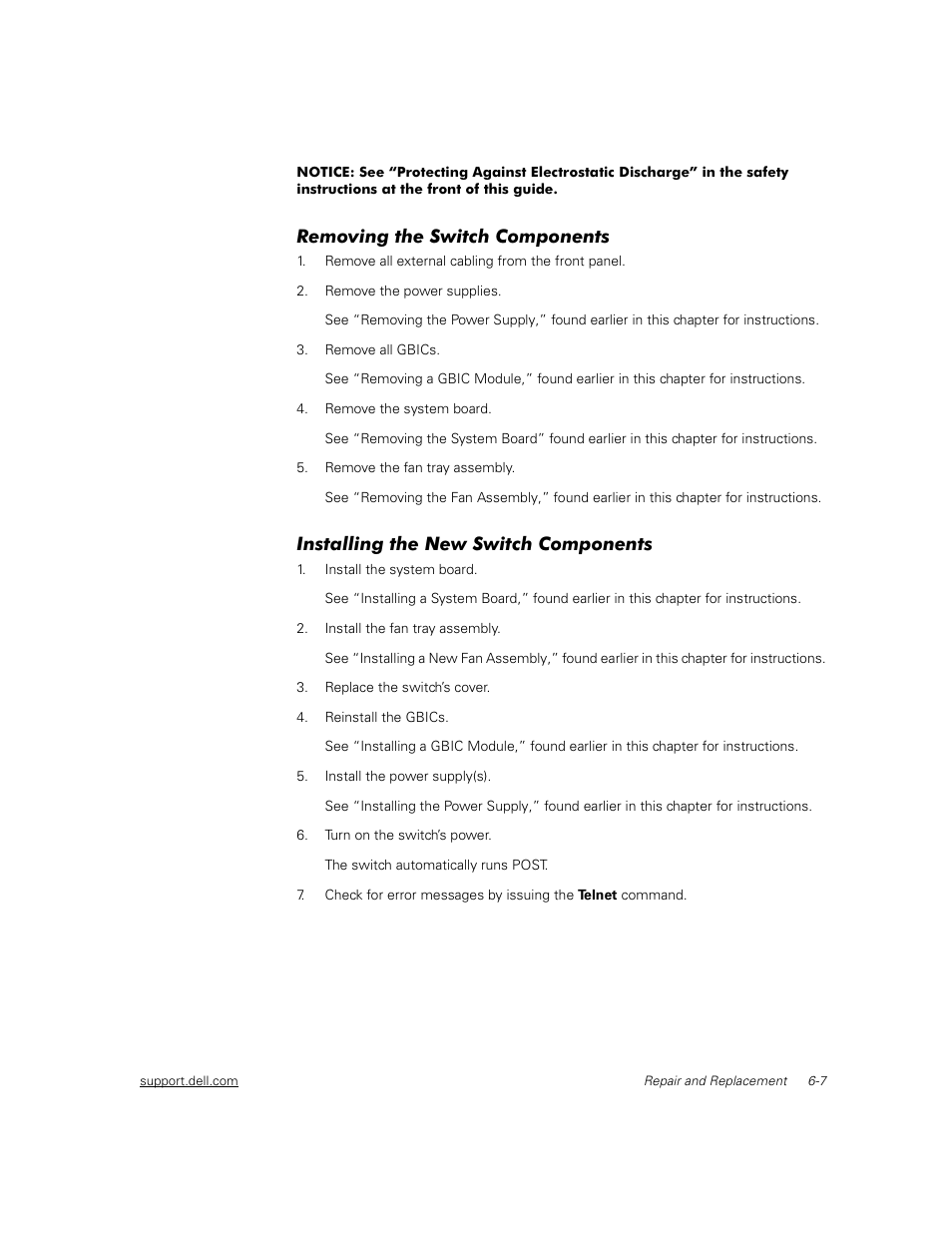 Removing the switch components, Installing the new switch components, Removing the switch components -7 | Installing the new switch components -7 | Dell PowerVault 56F (16P Fibre Channel Switch) User Manual | Page 115 / 172