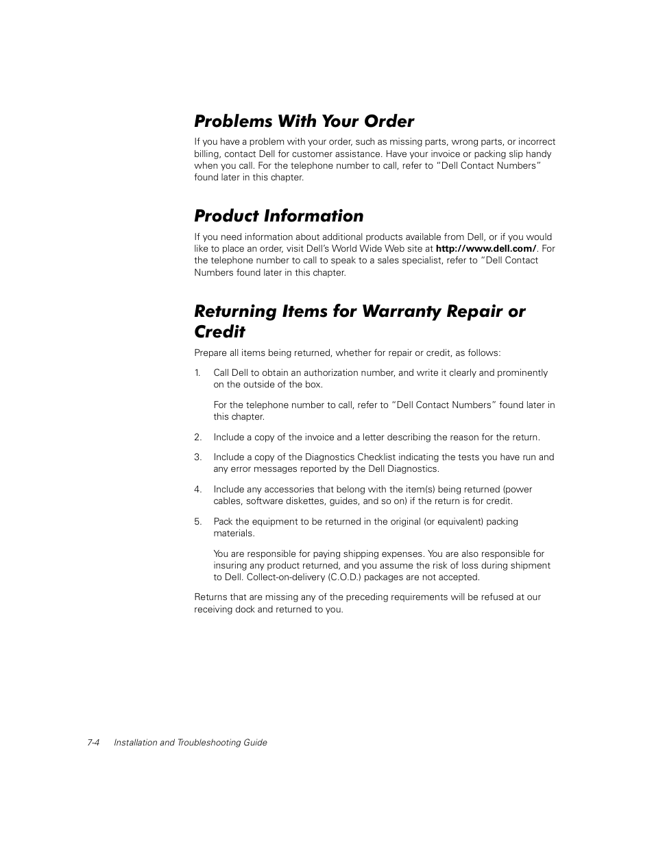 Problems with your order, Product information, Returning items for warranty repair or credit | Problems with your order -4, Product information -4, Returning items for warranty repair or credit -4 | Dell PowerVault 56F (16P Fibre Channel Switch) User Manual | Page 120 / 172