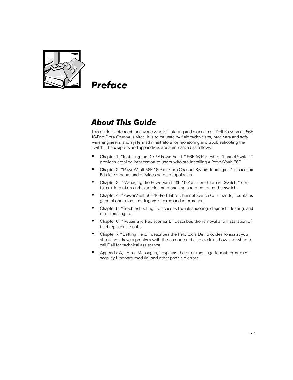 Preface, About this guide | Dell PowerVault 56F (16P Fibre Channel Switch) User Manual | Page 13 / 172