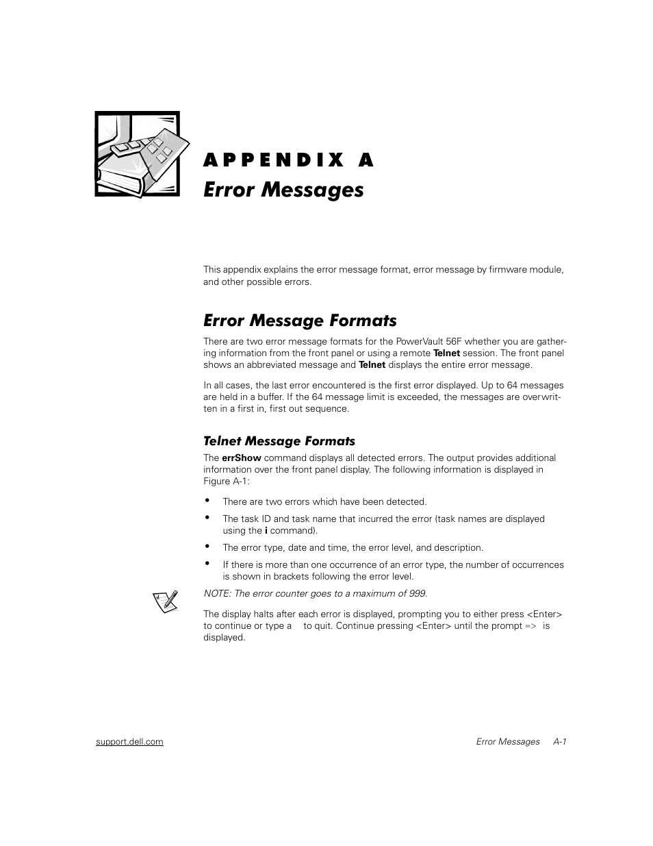 Error messages, Error message formats, Telnet message formats | Dell PowerVault 56F (16P Fibre Channel Switch) User Manual | Page 137 / 172