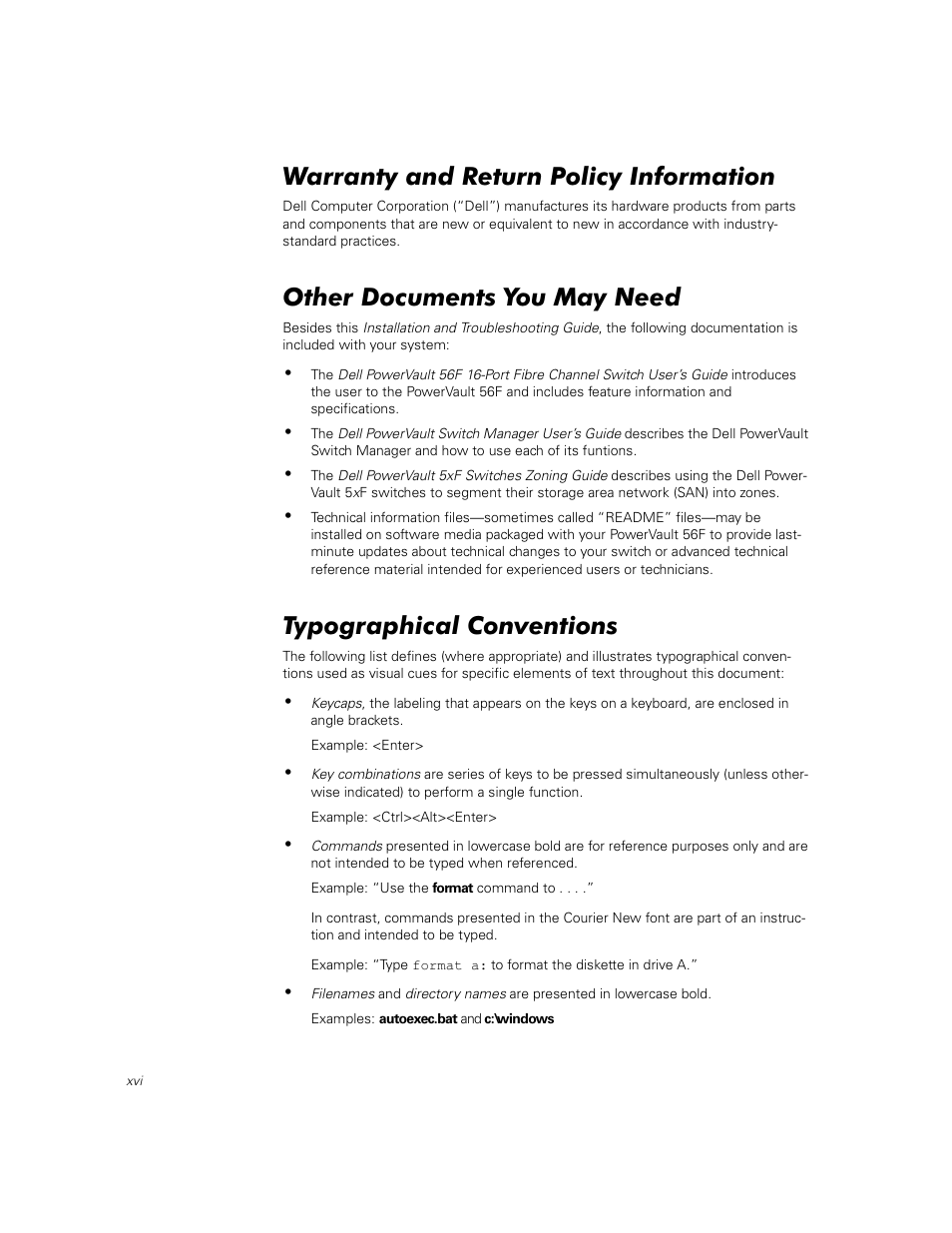 Warranty and return policy information, Other documents you may need, Typographical conventions | Dell PowerVault 56F (16P Fibre Channel Switch) User Manual | Page 14 / 172