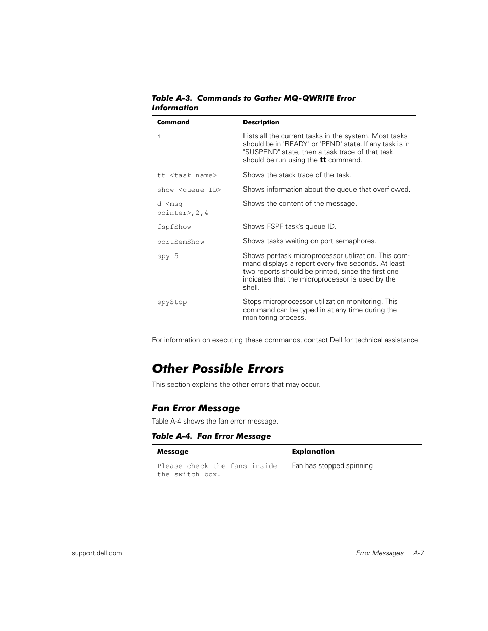 Other possible errors, Fan error message, Table a-4 | Table a-3 | Dell PowerVault 56F (16P Fibre Channel Switch) User Manual | Page 143 / 172