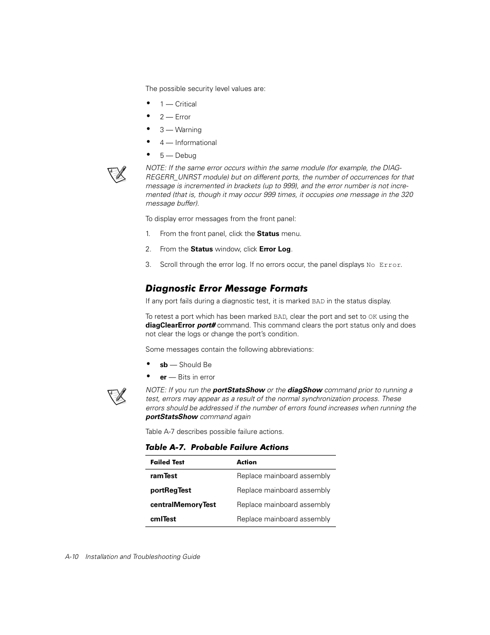 Diagnostic error message formats, Table a-7 | Dell PowerVault 56F (16P Fibre Channel Switch) User Manual | Page 146 / 172