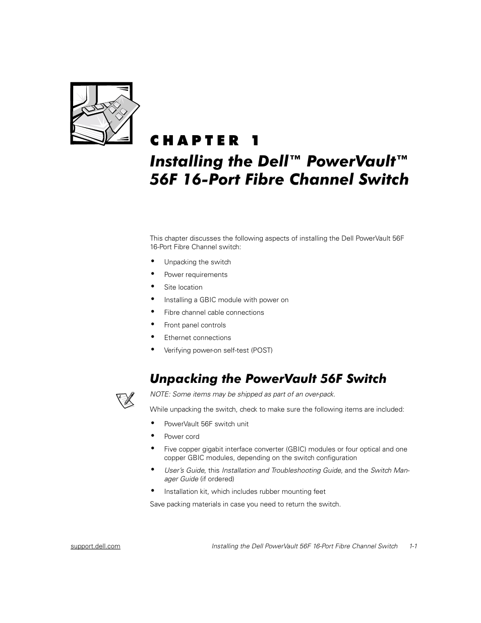 Unpacking the powervault 56f switch, Unpacking the powervault 56f switch -1 | Dell PowerVault 56F (16P Fibre Channel Switch) User Manual | Page 25 / 172