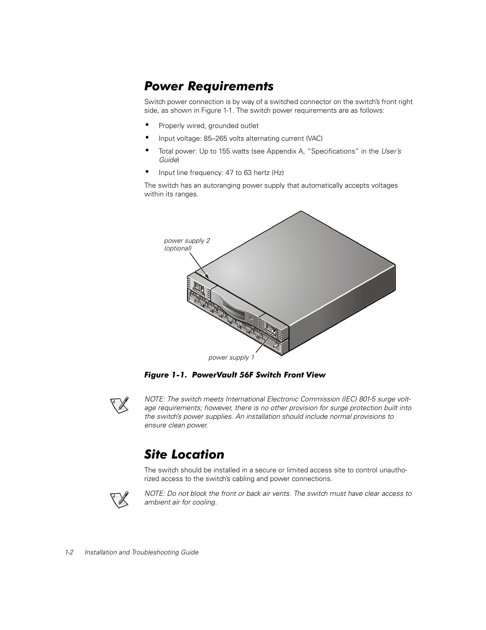 Power requirements, Site location, Power requirements -2 | Site location -2, Figure 1-1, Powervault 56f switch front view -2 | Dell PowerVault 56F (16P Fibre Channel Switch) User Manual | Page 26 / 172