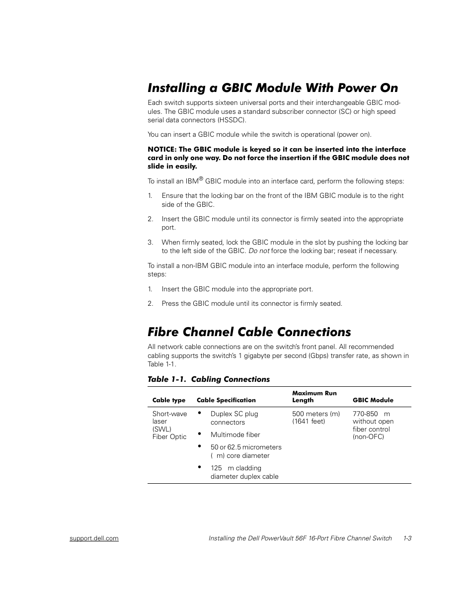 Installing a gbic module with power on, Fibre channel cable connections, Installing a gbic module with power on -3 | Fibre channel cable connections -3, Table 1-1, Cabling connections -3 | Dell PowerVault 56F (16P Fibre Channel Switch) User Manual | Page 27 / 172