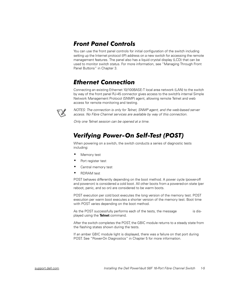 Front panel controls, Ethernet connection, Verifying power-on self-test (post) | Front panel controls -5, Ethernet connection -5, Verifying power-on self-test (post) -5 | Dell PowerVault 56F (16P Fibre Channel Switch) User Manual | Page 29 / 172