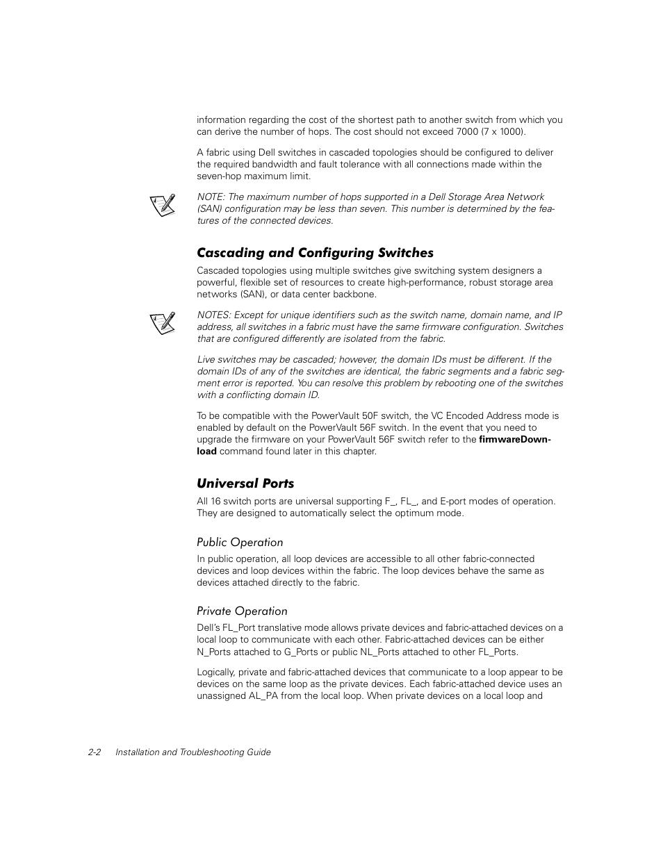 Cascading and configuring switches, Universal ports, Public operation | Private operation, Cascading and configuring switches -2, Universal ports -2, Public operation -2, Private operation -2 | Dell PowerVault 56F (16P Fibre Channel Switch) User Manual | Page 32 / 172