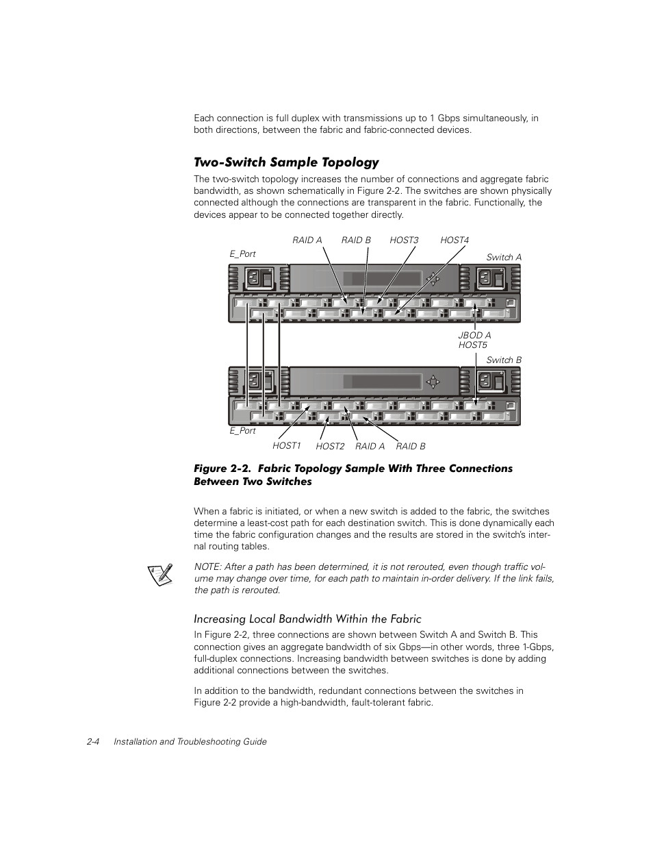 Two-switch sample topology, Increasing local bandwidth within the fabric, Two-switch sample topology -4 | Increasing local bandwidth within the fabric -4, Snmp transports -19, Figure 2-2 | Dell PowerVault 56F (16P Fibre Channel Switch) User Manual | Page 34 / 172