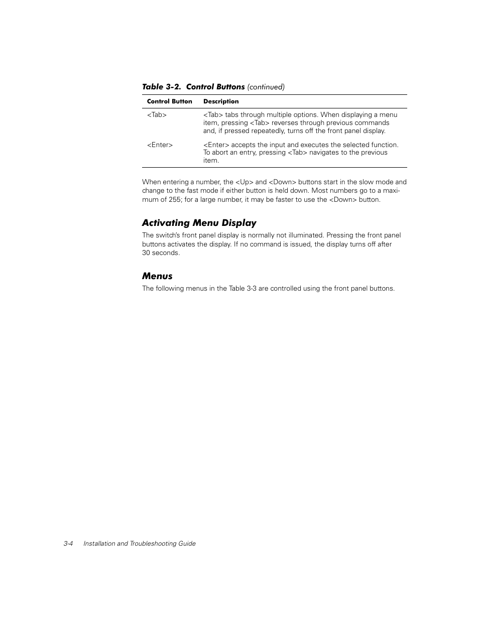 Activating menu display, Menus, Activating menu display -4 | Menus -4 | Dell PowerVault 56F (16P Fibre Channel Switch) User Manual | Page 38 / 172