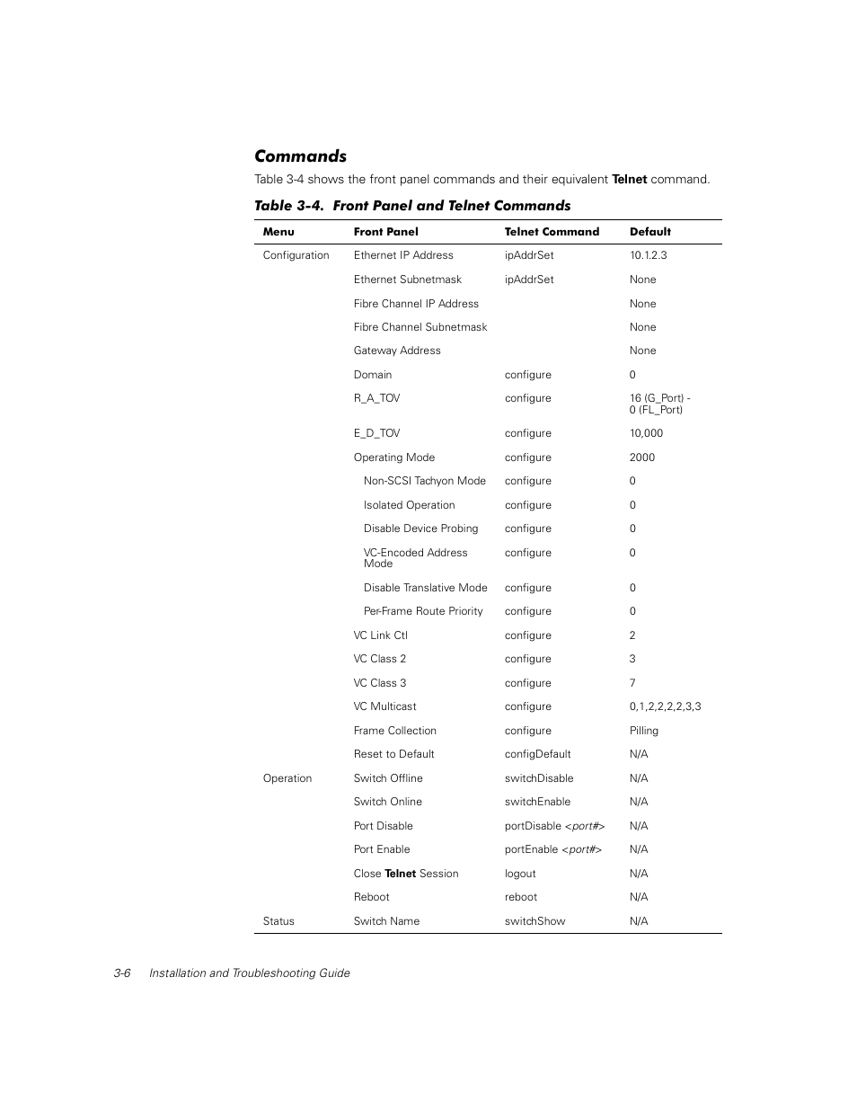 Commands, Commands -6, Table 3-4 | Front panel and telnet commands -6 | Dell PowerVault 56F (16P Fibre Channel Switch) User Manual | Page 40 / 172