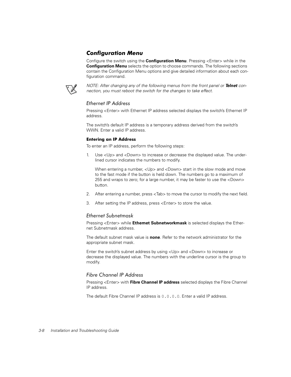 Configuration menu, Ethernet ip address, Ethernet subnetmask | Fibre channel ip address, Configuration menu -8, Ethernet ip address -8, Ethernet subnetmask -8, Fibre channel ip address -8 | Dell PowerVault 56F (16P Fibre Channel Switch) User Manual | Page 42 / 172