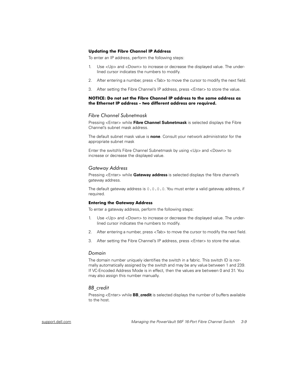 Fibre channel subnetmask, Gateway address, Domain | Bb_credit, Fibre channel subnetmask -9, Gateway address -9, Domain -9, Bb_credit -9 | Dell PowerVault 56F (16P Fibre Channel Switch) User Manual | Page 43 / 172