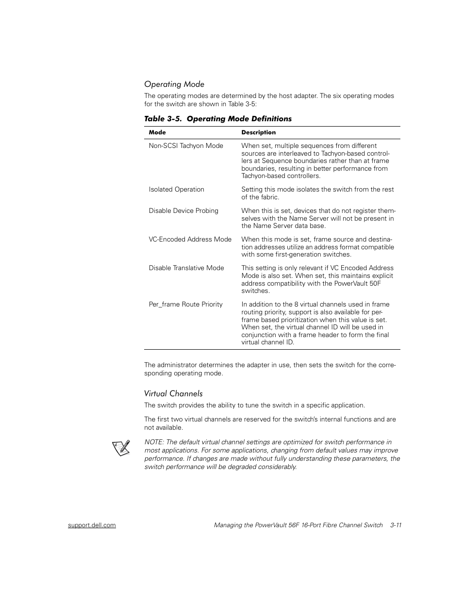 Operating mode, Virtual channels, Operating mode -11 | Virtual channels -11, Table 3-5, Operating mode definitions -11 | Dell PowerVault 56F (16P Fibre Channel Switch) User Manual | Page 45 / 172