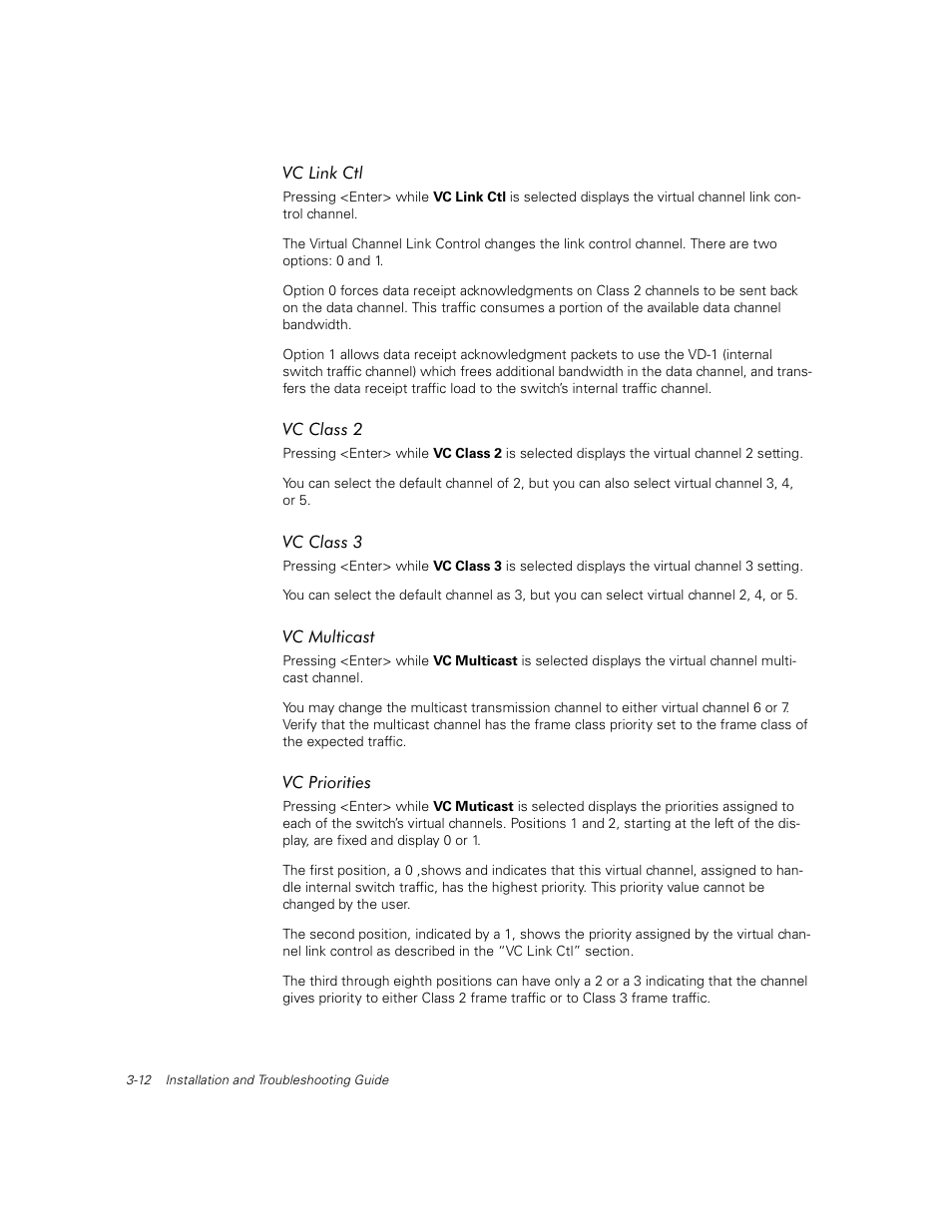 Vc link ctl, Vc class 2, Vc class 3 | Vc multicast, Vc priorities, Vc link ctl -12, Vc class 2 -12, Vc class 3 -12, Vc multicast -12, Vc priorities -12 | Dell PowerVault 56F (16P Fibre Channel Switch) User Manual | Page 46 / 172