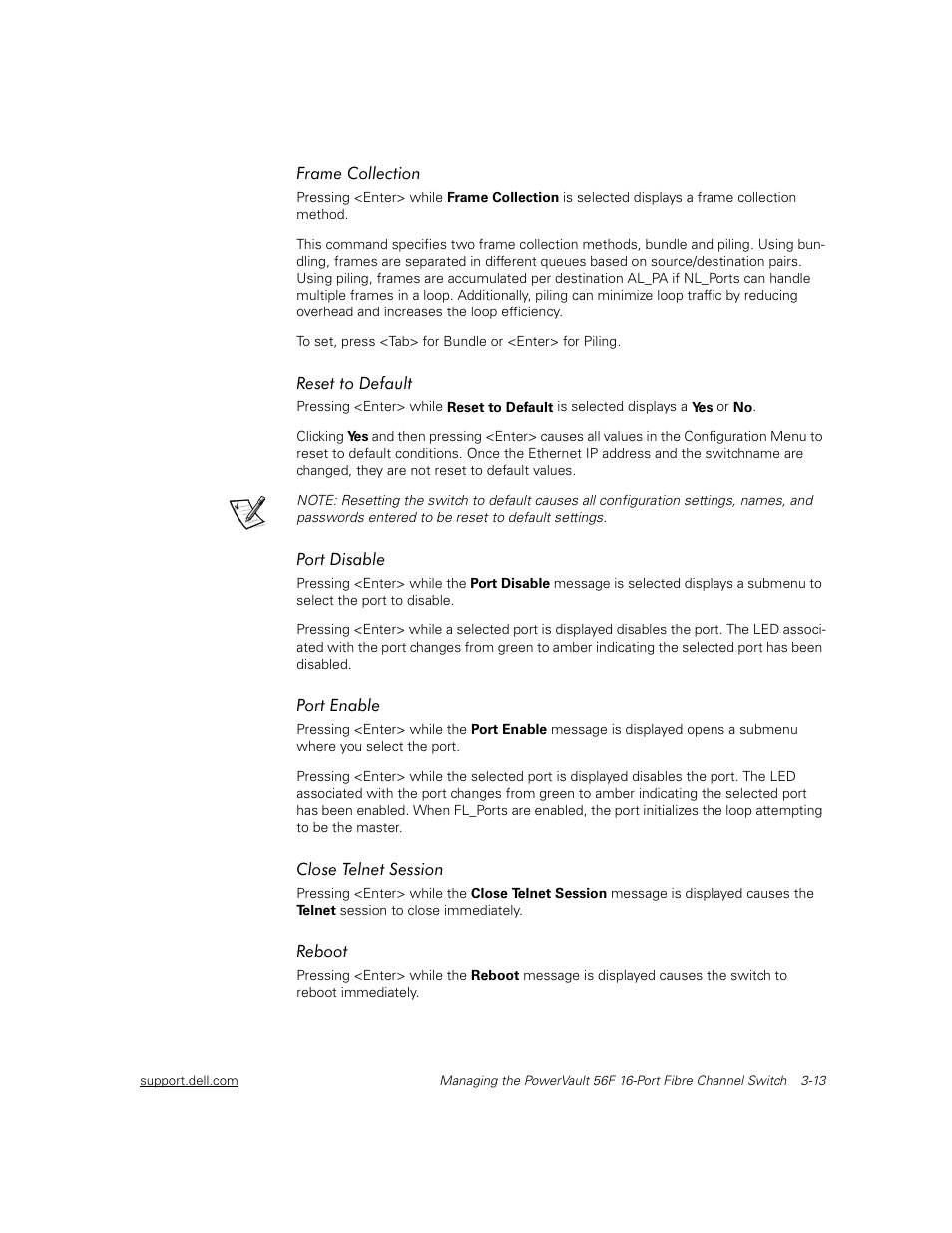 Frame collection, Reset to default, Port disable | Port enable, Close telnet session, Reboot, Frame collection -13, Reset to default -13, Port disable -13, Port enable -13 | Dell PowerVault 56F (16P Fibre Channel Switch) User Manual | Page 47 / 172