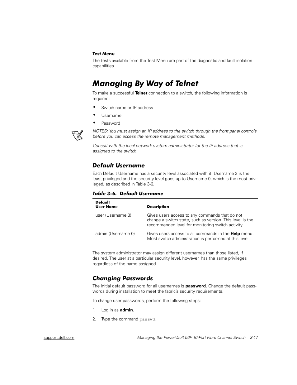 Managing by way of telnet, Default username, Changing passwords | Managing by way of telnet -17, Default username -17, Changing passwords -17, Table 3-6 | Dell PowerVault 56F (16P Fibre Channel Switch) User Manual | Page 51 / 172