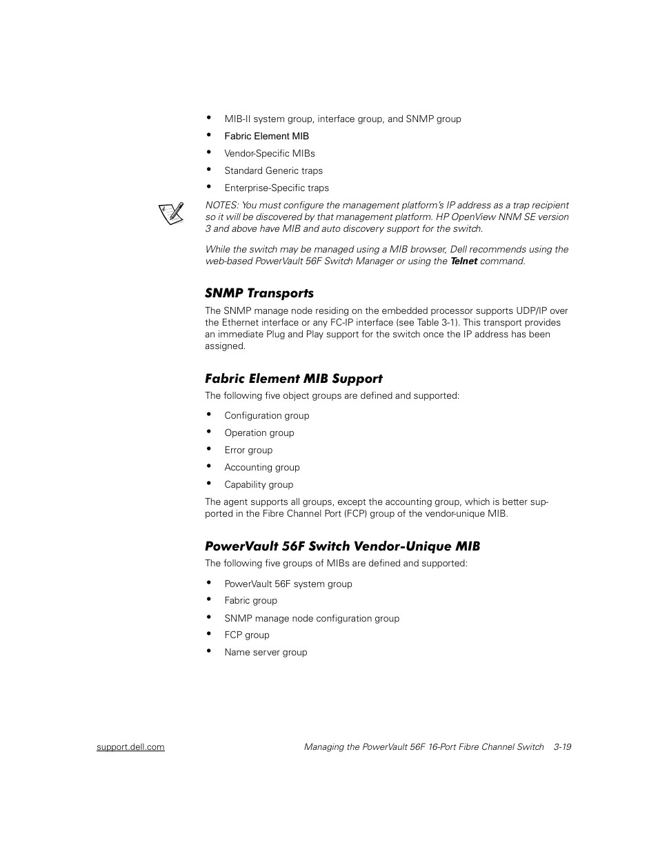 Snmp transports, Fabric element mib support, Powervault 56f switch vendor-unique mib | Fabric element mib support -19, Powervault 56f switch vendor-unique mib -19 | Dell PowerVault 56F (16P Fibre Channel Switch) User Manual | Page 53 / 172