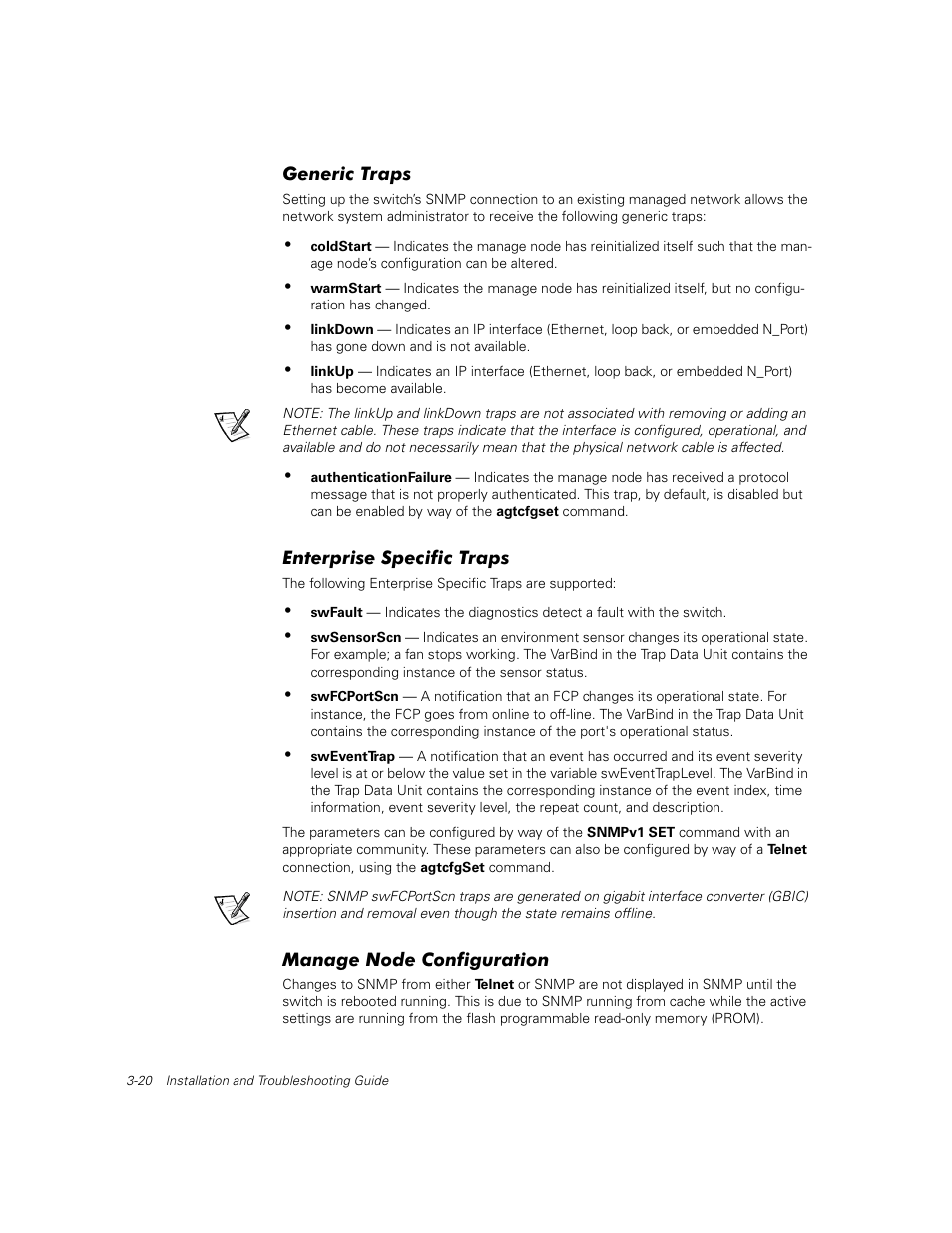 Generic traps, Enterprise specific traps, Manage node configuration | Generic traps -20, Enterprise specific traps -20, Manage node configuration -20 | Dell PowerVault 56F (16P Fibre Channel Switch) User Manual | Page 54 / 172