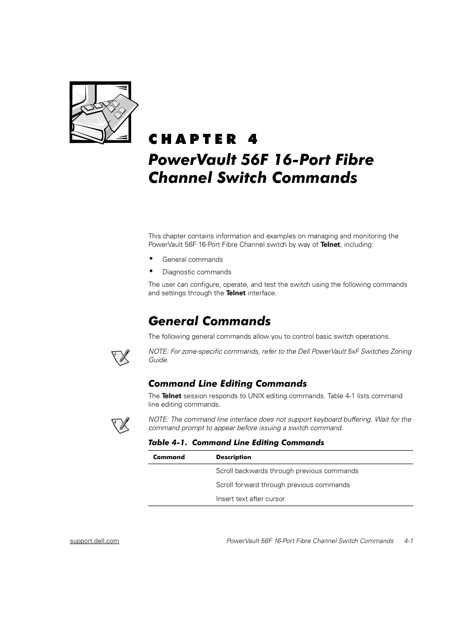 General commands, Command line editing commands, General commands -1 | Command line editing commands -1, Table 4-1 | Dell PowerVault 56F (16P Fibre Channel Switch) User Manual | Page 57 / 172