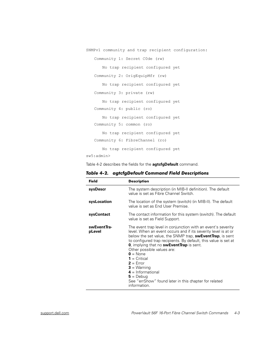 Table 4-2, Agtcfgdefault command field descriptions -3 | Dell PowerVault 56F (16P Fibre Channel Switch) User Manual | Page 59 / 172