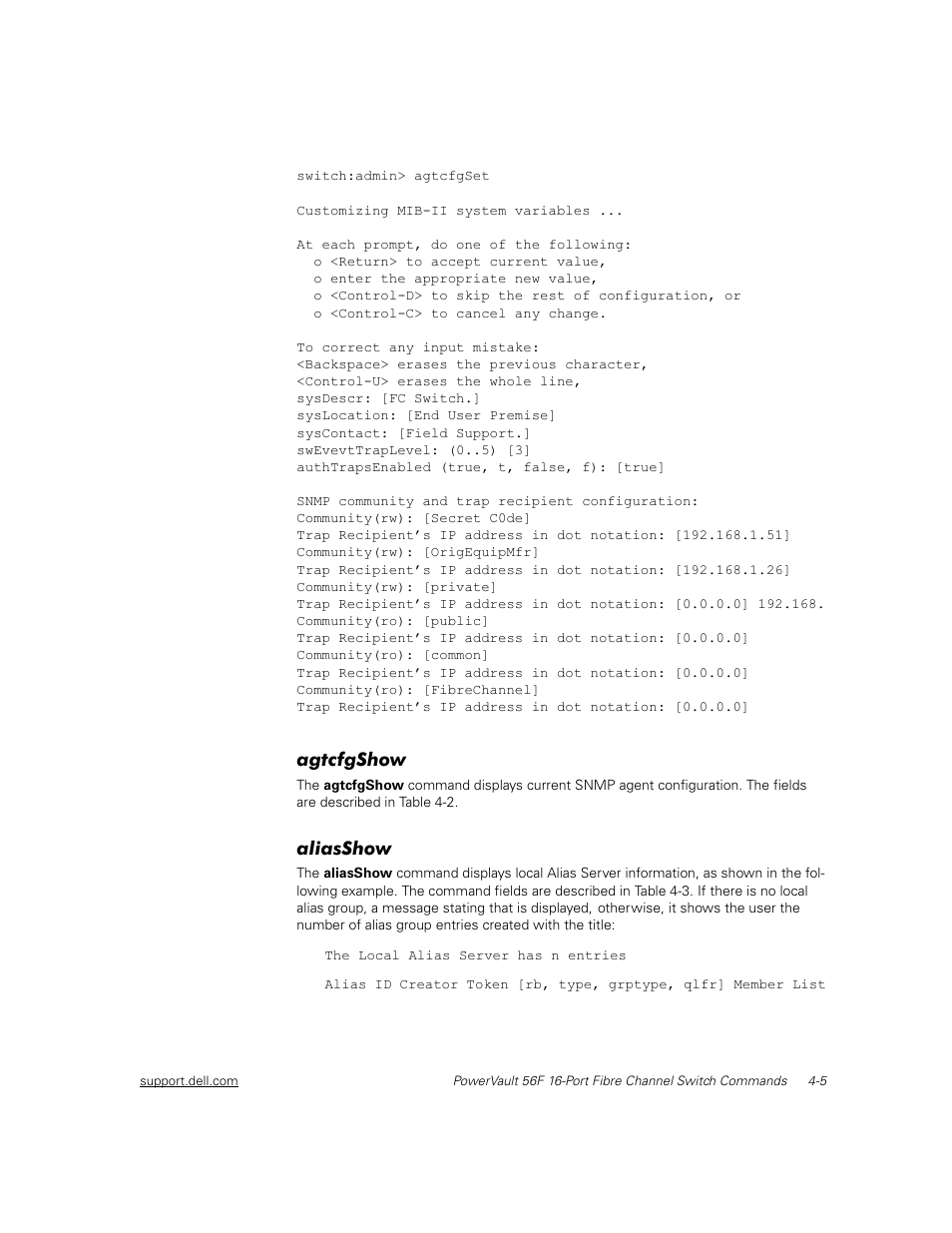 Agtcfgshow, Aliasshow, Agtcfgshow -5 | Aliasshow -5 | Dell PowerVault 56F (16P Fibre Channel Switch) User Manual | Page 61 / 172