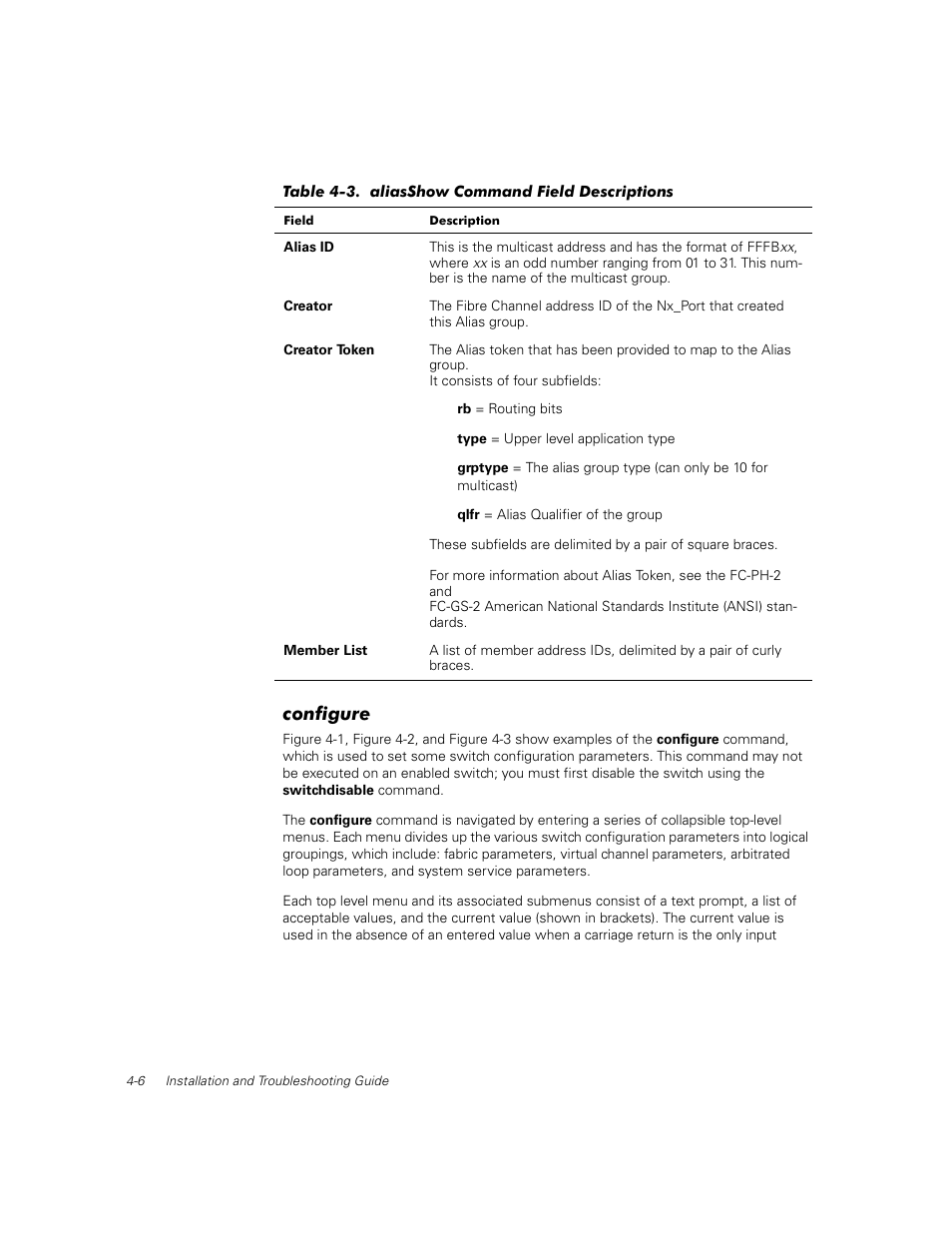 Configure, Configure -6, Table 4-3 | Aliasshow command field descriptions -6 | Dell PowerVault 56F (16P Fibre Channel Switch) User Manual | Page 62 / 172