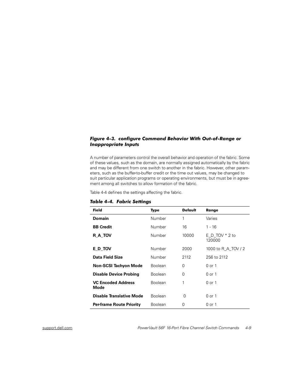 Figure 4-3, Table 4-4, Fabric settings -9 | In figure 4-3 | Dell PowerVault 56F (16P Fibre Channel Switch) User Manual | Page 65 / 172