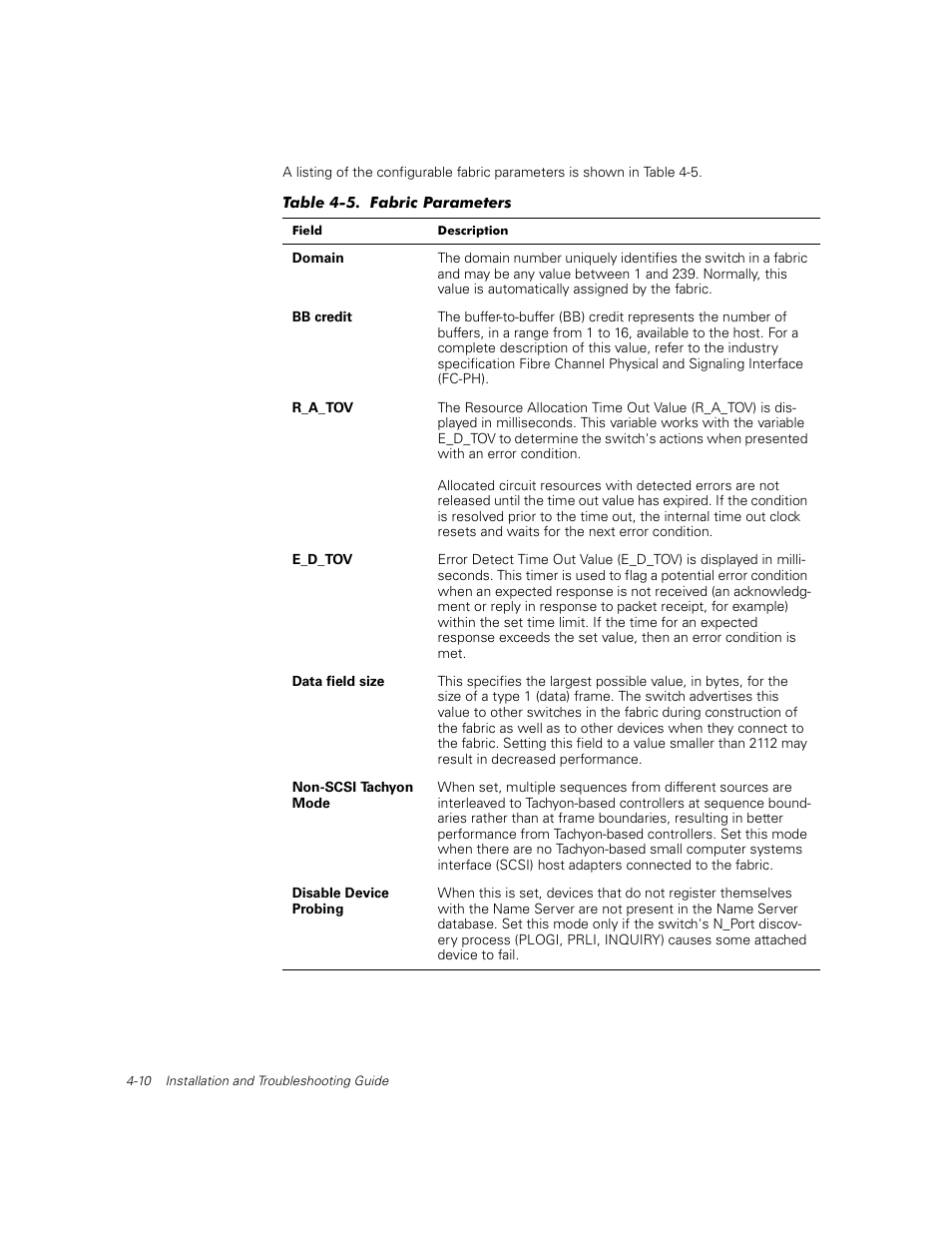 Table 4-5, Fabric parameters -10, Table 4-5, t | Dell PowerVault 56F (16P Fibre Channel Switch) User Manual | Page 66 / 172