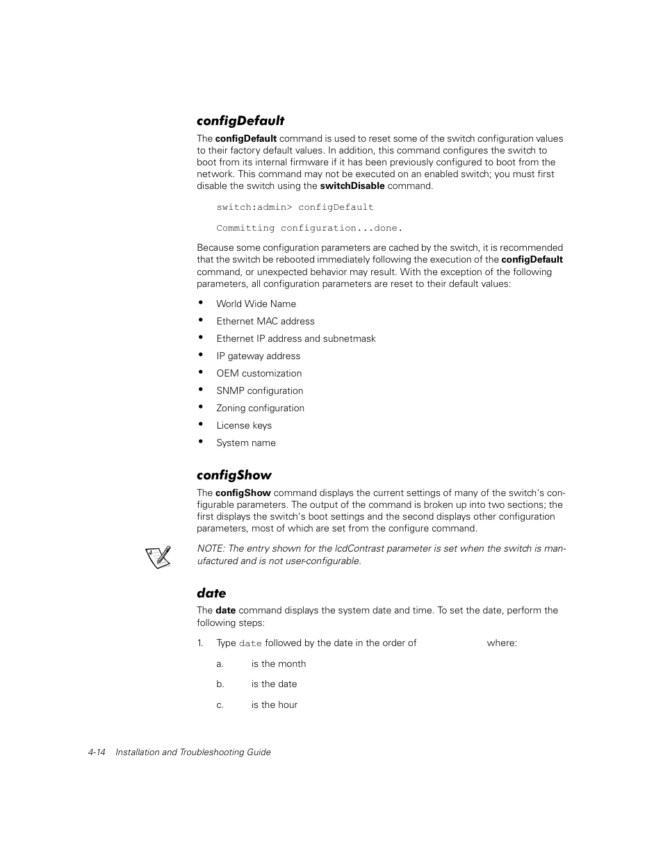 Configdefault, Configshow, Date | Configdefault -14, Configshow -14, Date -14 | Dell PowerVault 56F (16P Fibre Channel Switch) User Manual | Page 70 / 172