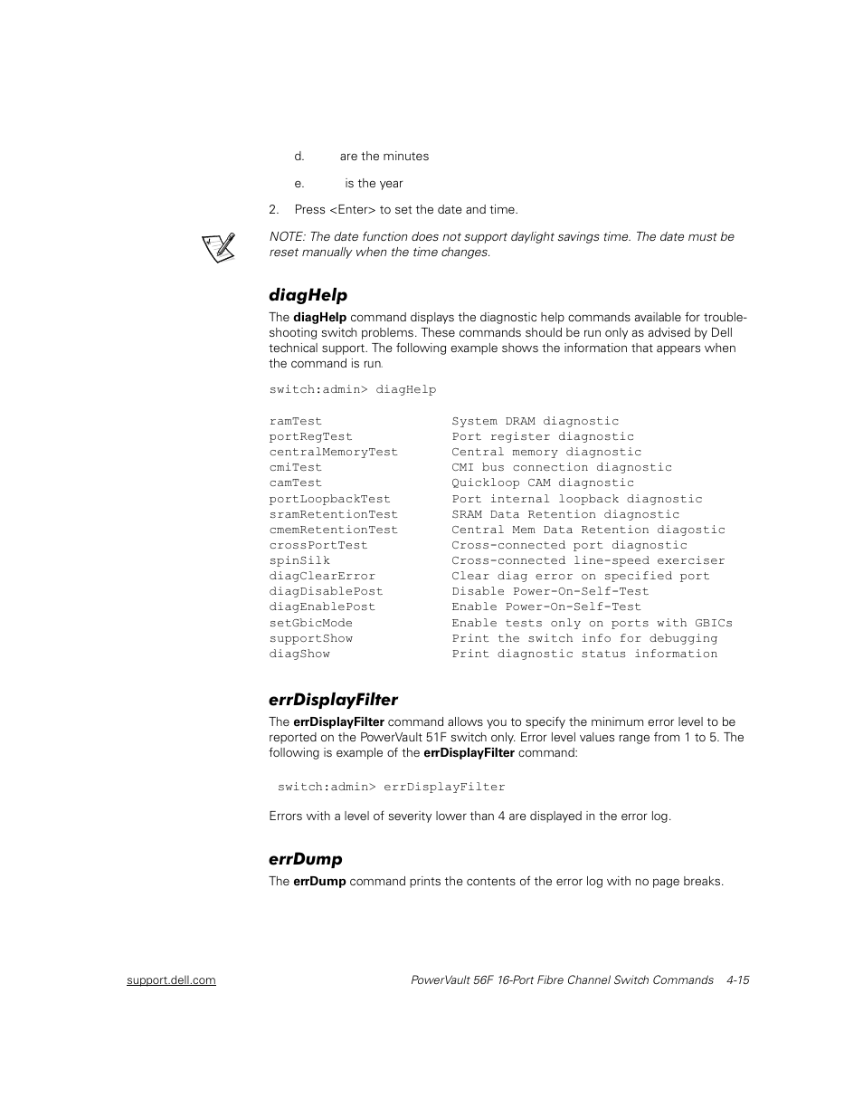 Diaghelp, Errdisplayfilter, Errdump | Diaghelp -15, Errdisplayfilter -15, Errdump -15 | Dell PowerVault 56F (16P Fibre Channel Switch) User Manual | Page 71 / 172