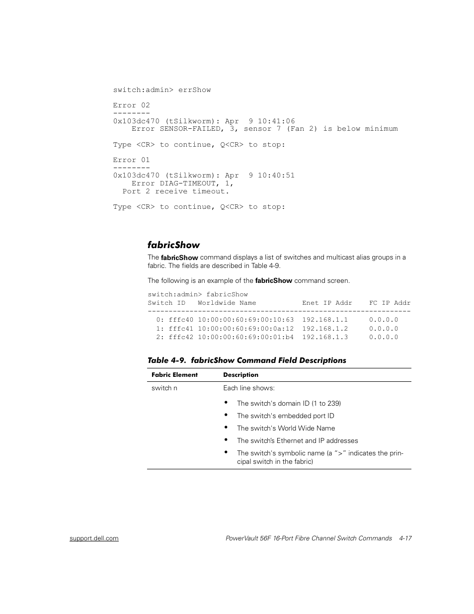 Fabricshow, Fabricshow -17, Table 4-9 | Fabricshow command field descriptions -17 | Dell PowerVault 56F (16P Fibre Channel Switch) User Manual | Page 73 / 172